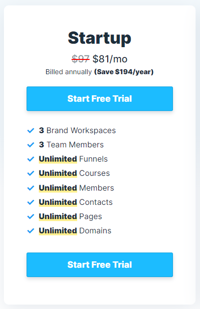 ClickFunnels Review: stratup Pricing Plan